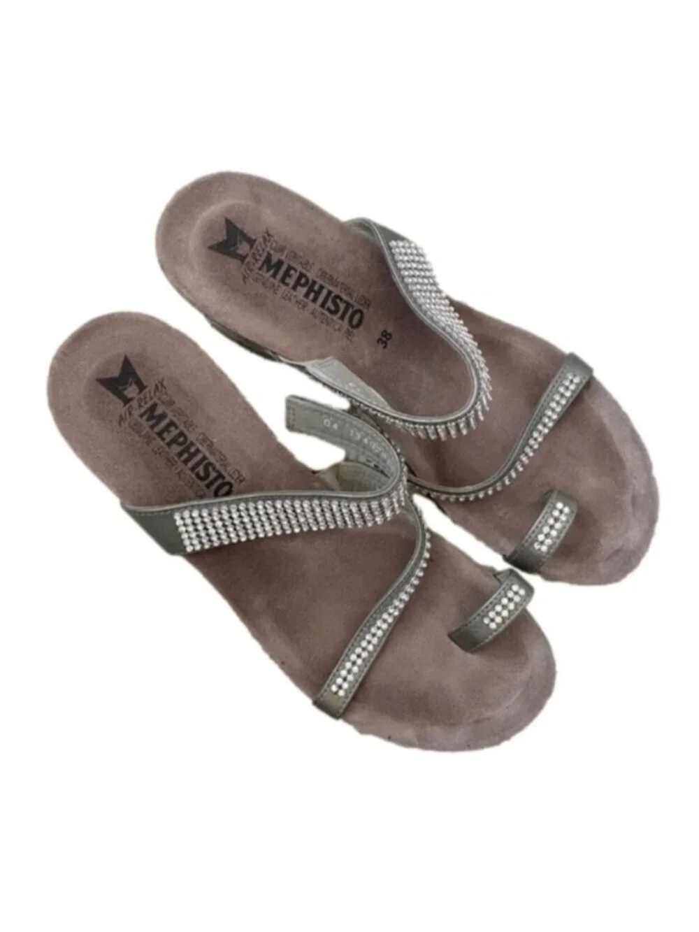 Mephisto Silver Rhinestone Leather Strap Wedge Milly Sandals - 38 / 7.5-8US